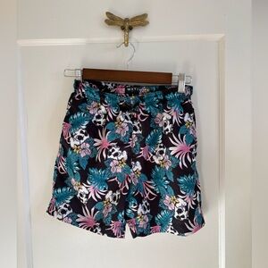 WXYZ Black Tropical Skull Swim Shorts Unlined Pink & Teal Floral M(10)
